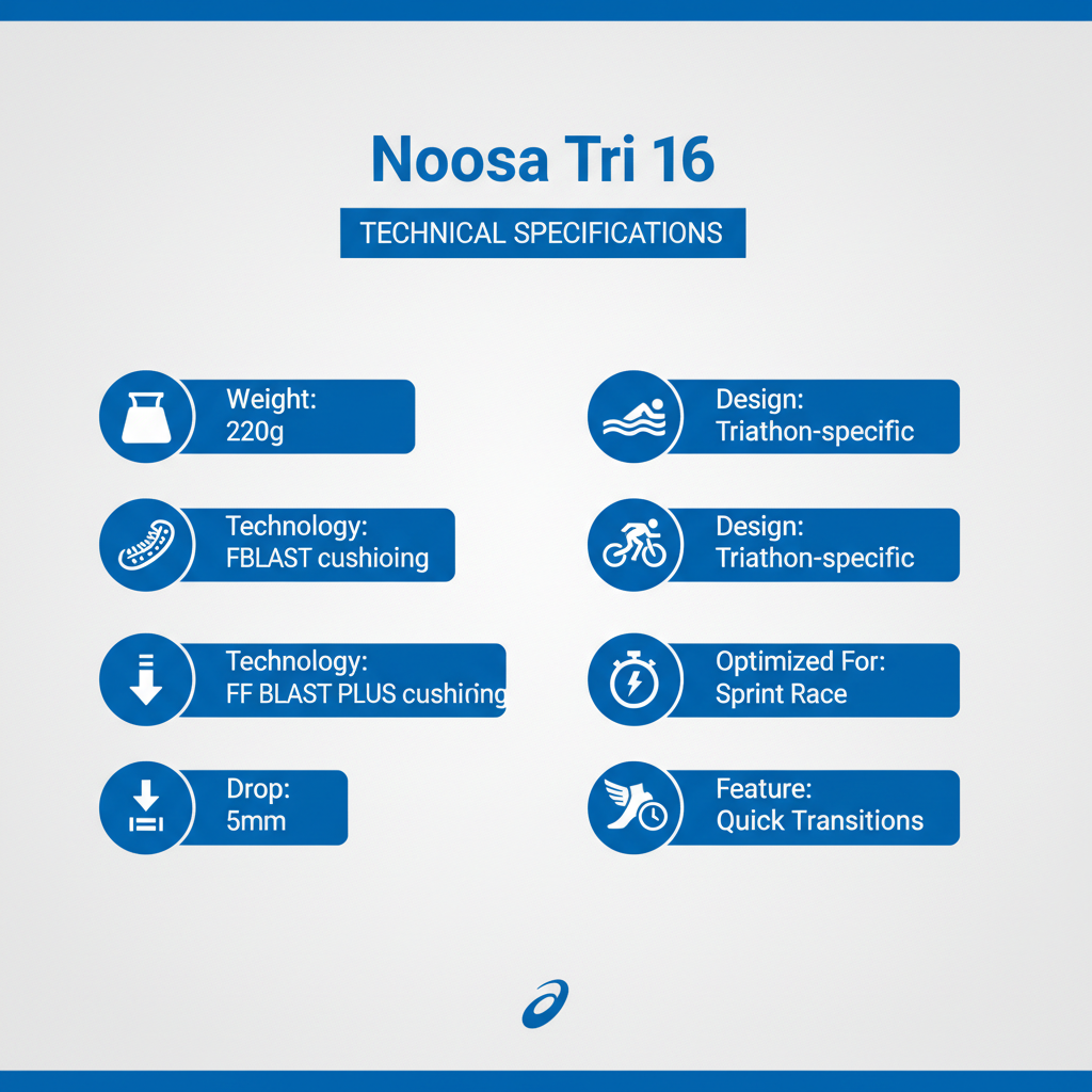 Infografica tecnica ASICS Noosa Tri 16: peso 220g, FF BLAST PLUS, drop 5mm, triathlon sprint