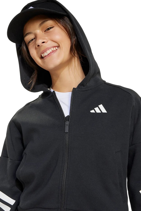 Adidas Felpa con cappuccio e cerniera FT 3 STRIPES JJ4847 Nera - Stile e Comfort per Ragazze - logo