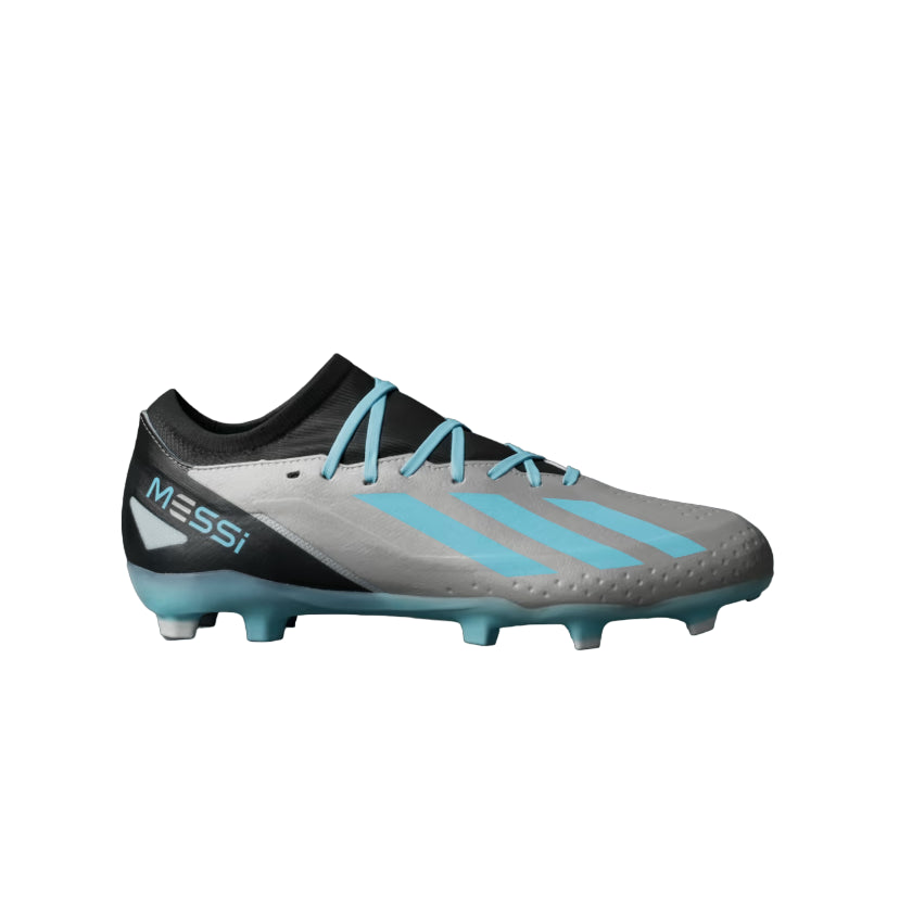 Scarpa da calcio Adidas X Crazyfast Messi.3 FG argento-blu-nero vista laterale con tomaia multistrato e design Messi