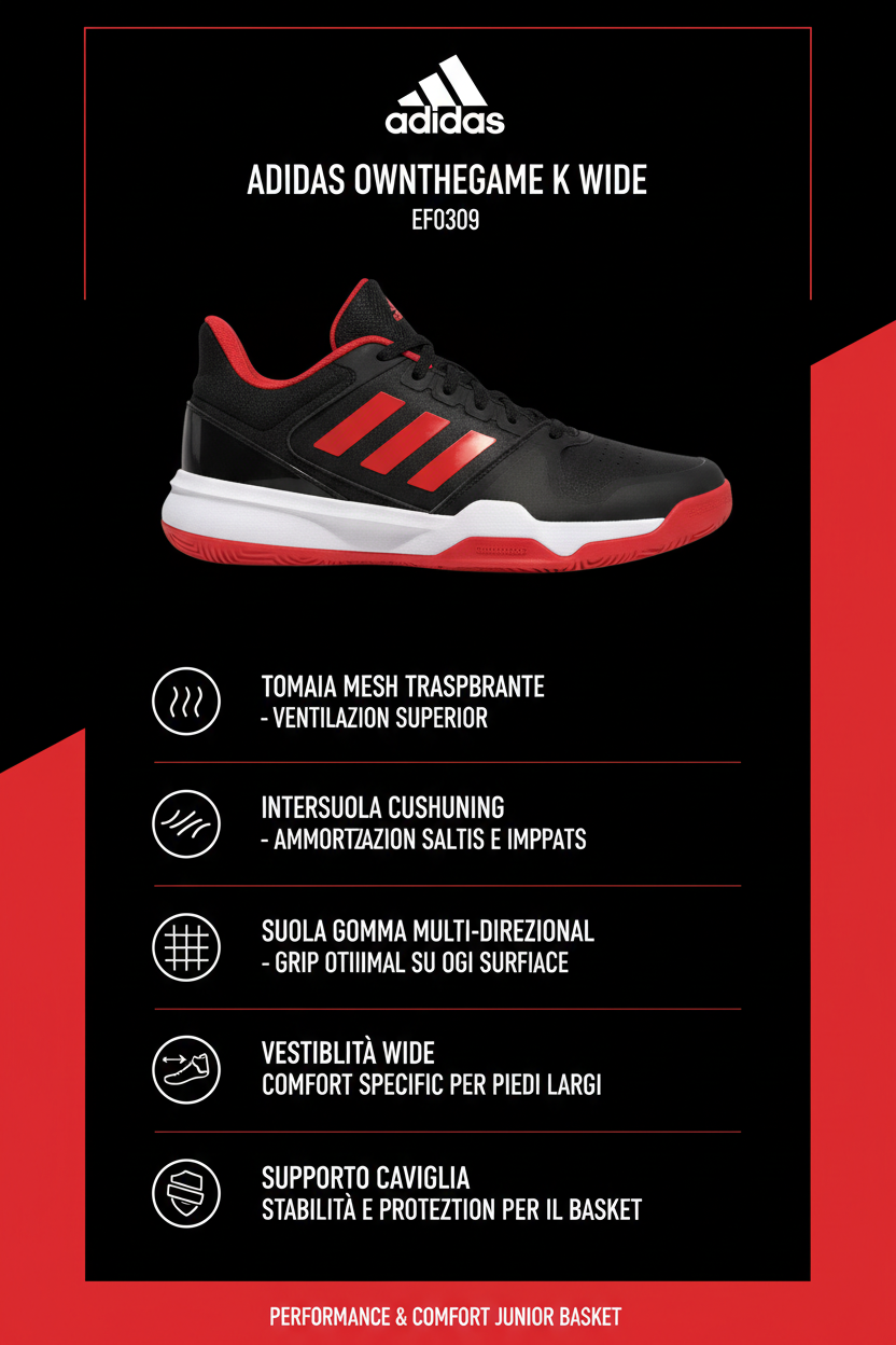 Infografica tecnica Adidas Ownthegame K Wide EF0309 - Mesh traspirante, cushioning ammortizzazione, vestibilità wide, grip basket
