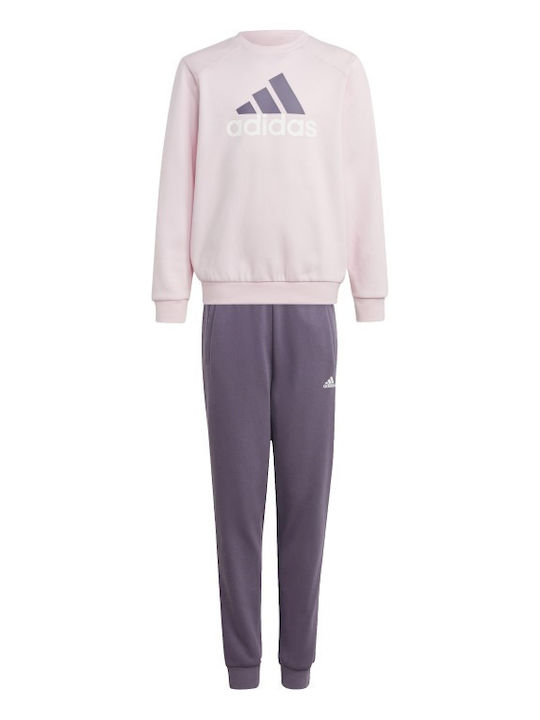 Adidas tuta da ragazza in cotone felpato con felpa girocollo e pantalone con polsino IJ6255 rosa-prugna
