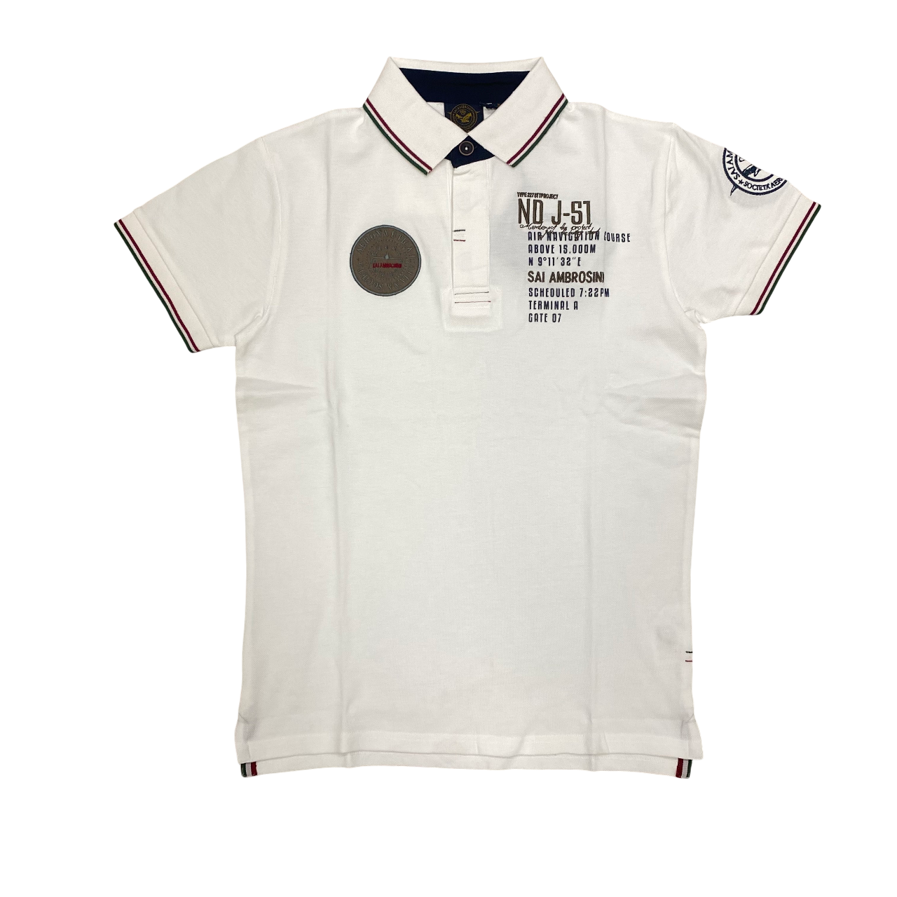 Aeronautica Italiana polo manica corta da uomo con Tricolore Italia sul colletto e patch sul petto 010388U bianco