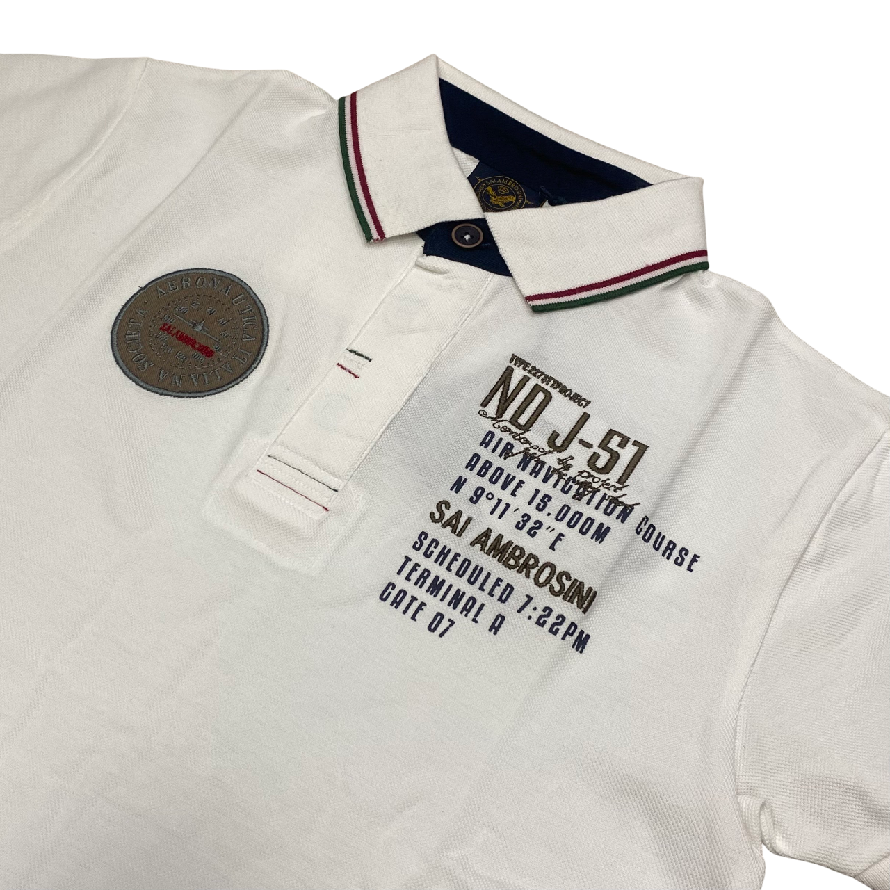 Aeronautica Italiana polo manica corta da uomo con Tricolore Italia sul colletto e patch sul petto 010388U bianco