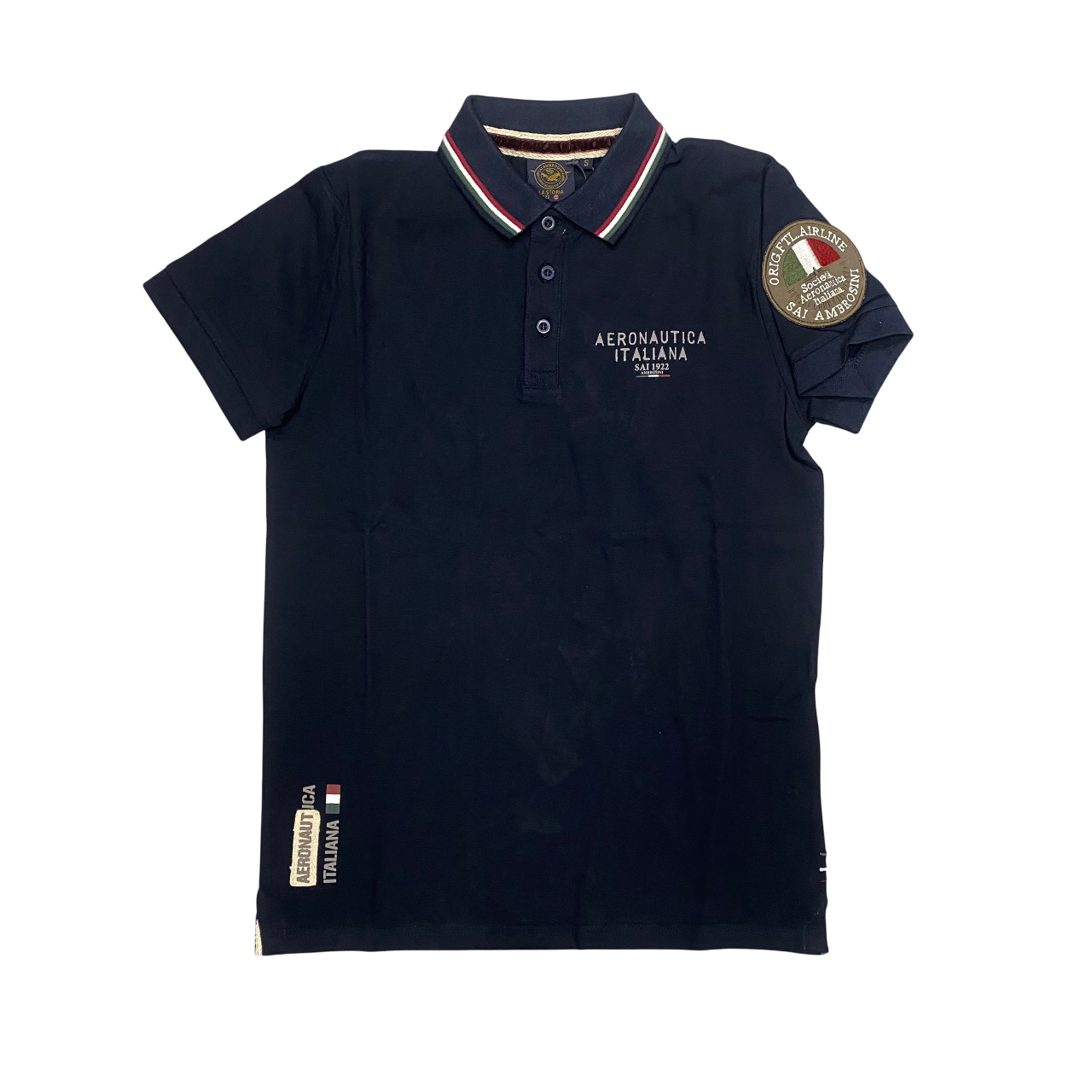 Aeronautica Italiana polo manica corta da uomo con Tricolore Italia sul colletto e patch sulla manica 035803 blu