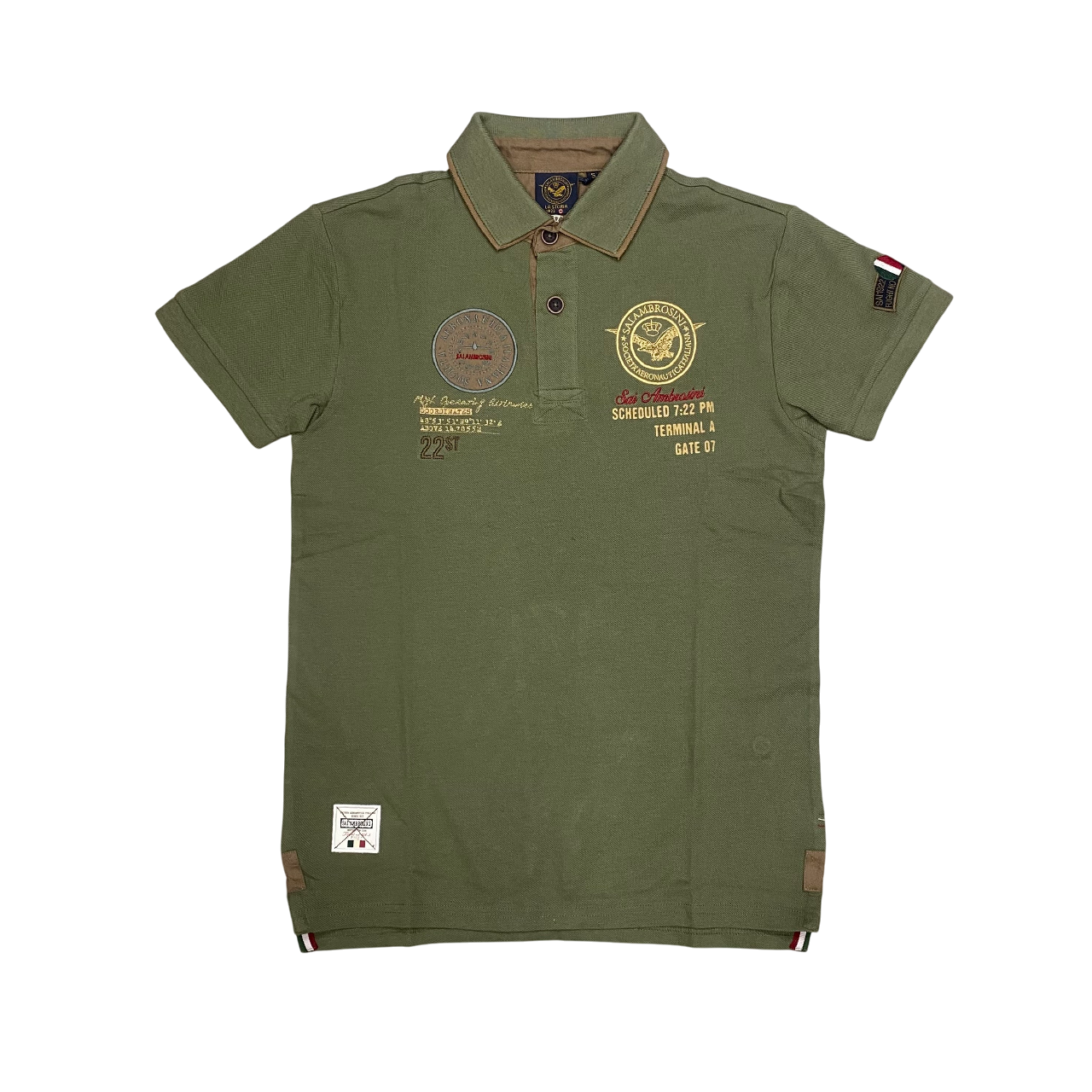 Aeronautica Italiana polo manica corta da uomo in cotone pique, patch e ricami 010387 verde militare