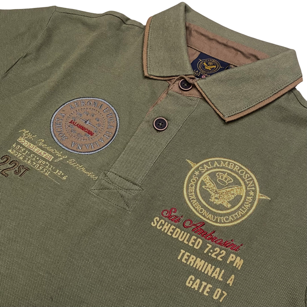 Aeronautica Italiana polo manica corta da uomo in cotone pique, patch e ricami 010387 verde militare
