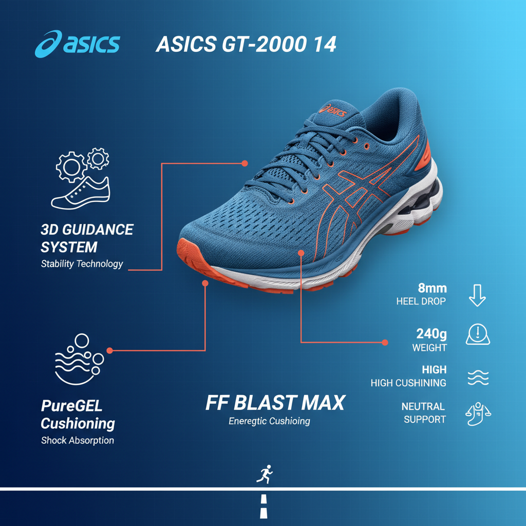 Infografica tecnica Asics GT-2000 14: 3D GUIDANCE SYSTEM, PureGEL, FF BLAST MAX, drop 8mm, peso 240g