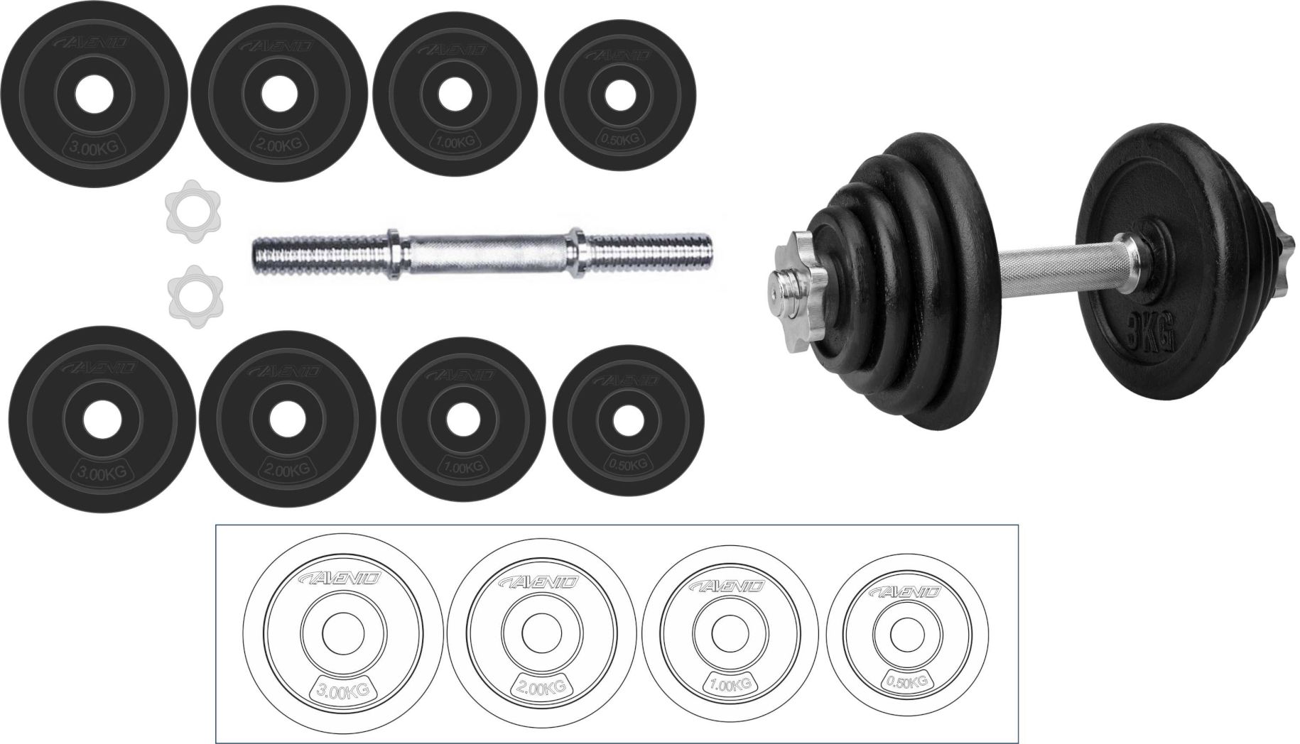 Set manubrio regolabile Avento 15Kg 42DE-BLK in acciaio con dischi in ghisa colore nero per allenamento domestico