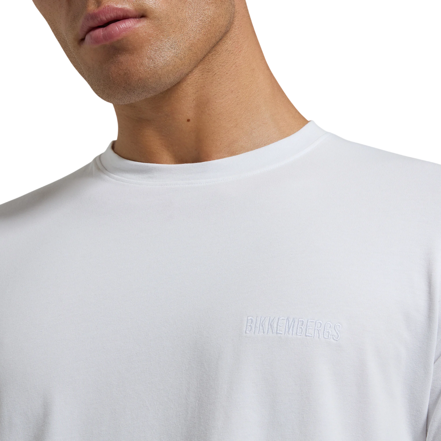T-shirt BIKKEMBERGS BMT0819 1000 bianca da uomo con logo ricamato tono su tono, vestibilità regular fit in cotone premium - logo
