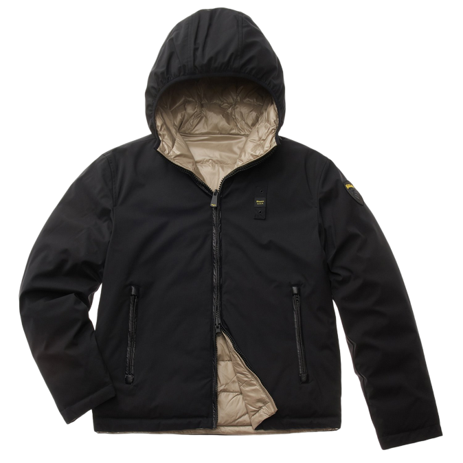 Piumino BLAUER Ballard reversibile da uomo modello 24WBLUC06054-005480 colori nero-biscotto con cappuccio fisso e imbottitura mista - frontale