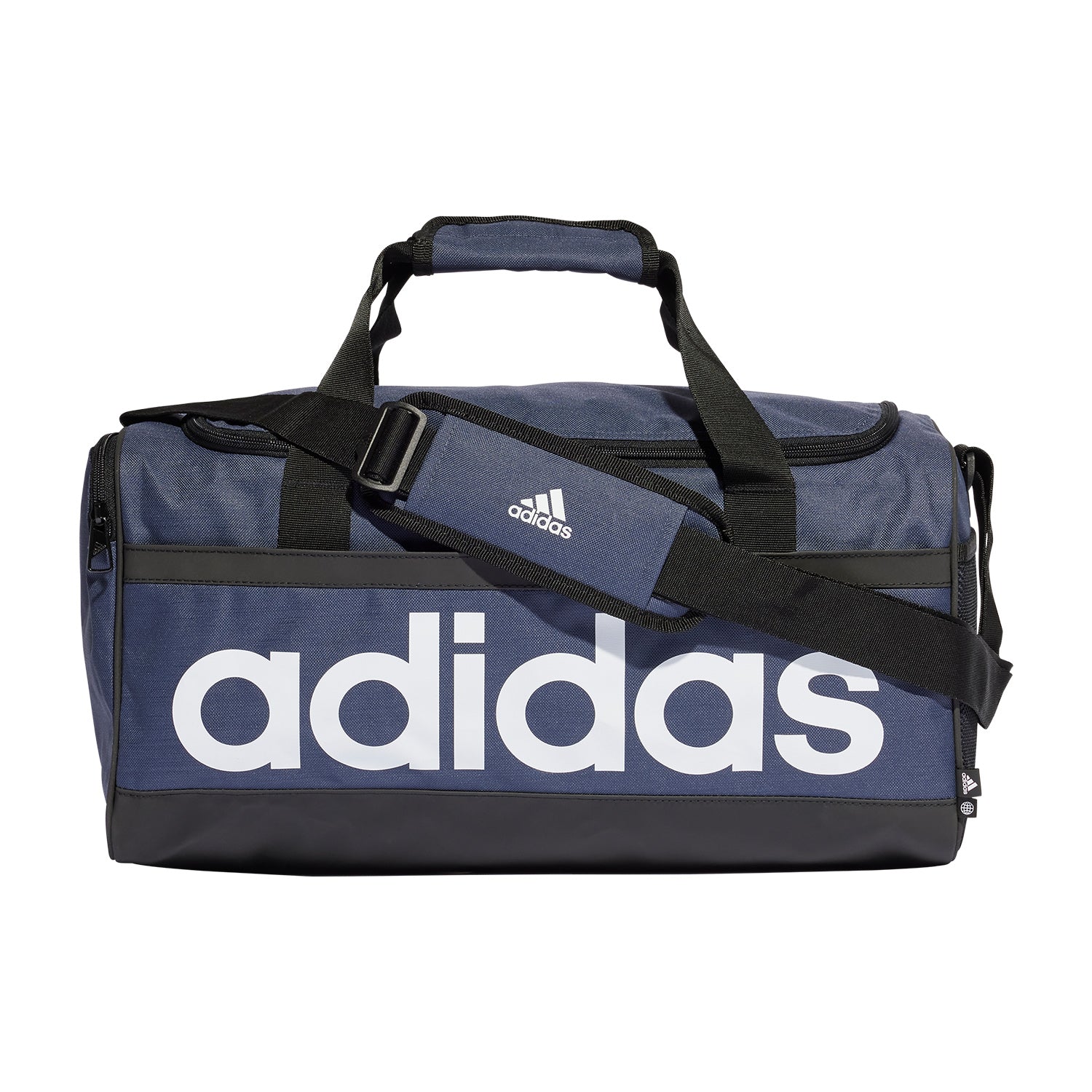 Borsone medio Adidas Duffel HR5349 blu-bianco con zip bidirezionale e base resistente, vista frontale