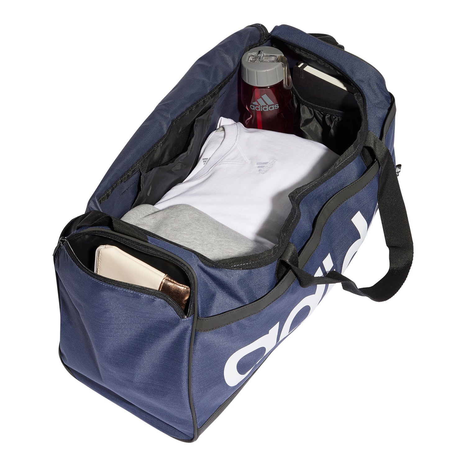 Borsone medio Adidas Duffel HR5349 blu-bianco con zip bidirezionale e base resistente, vista frontale