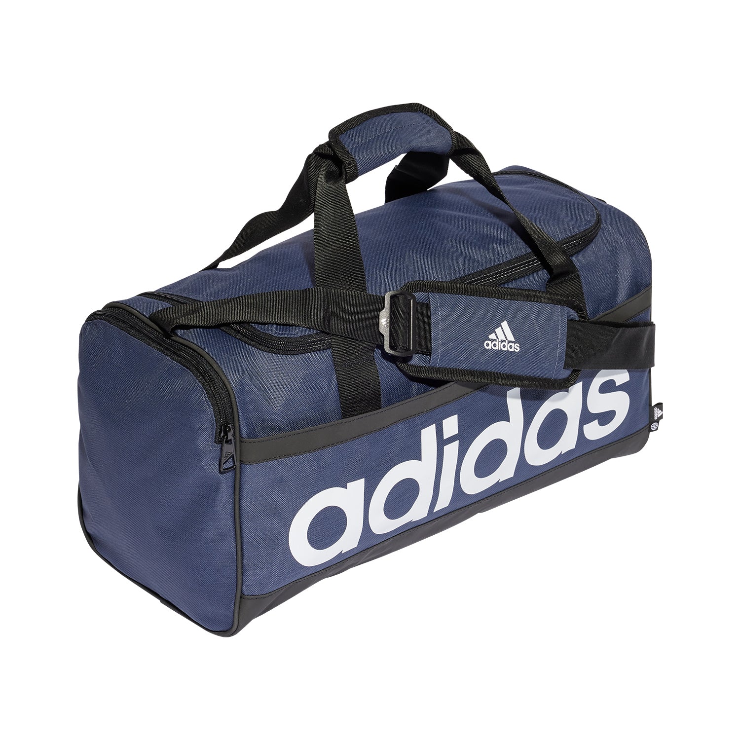 Borsone medio Adidas Duffel HR5349 blu-bianco con zip bidirezionale e base resistente, vista laterale
