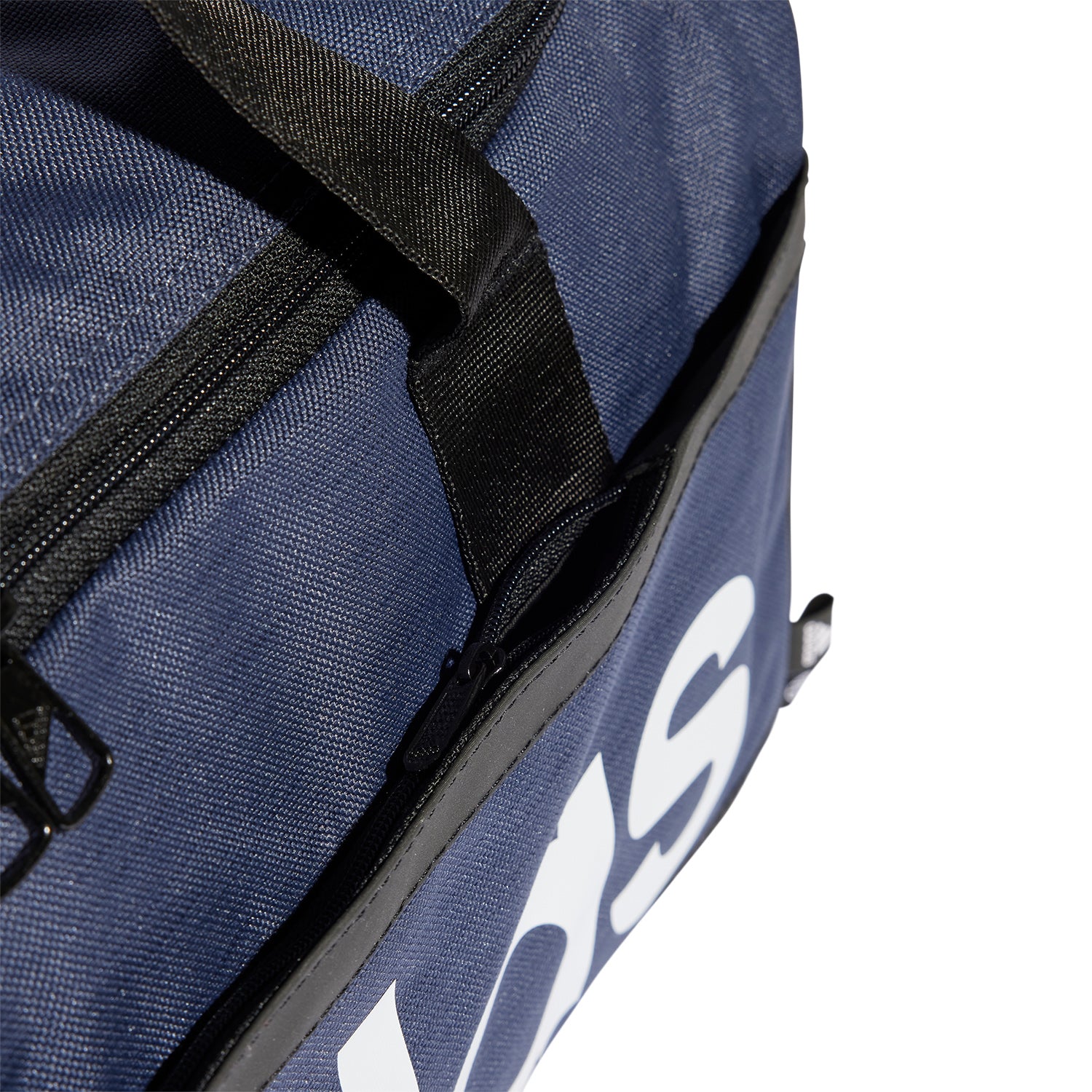 Borsone medio Adidas Duffel HR5349 blu-bianco con zip bidirezionale e base resistente, vista maniglia