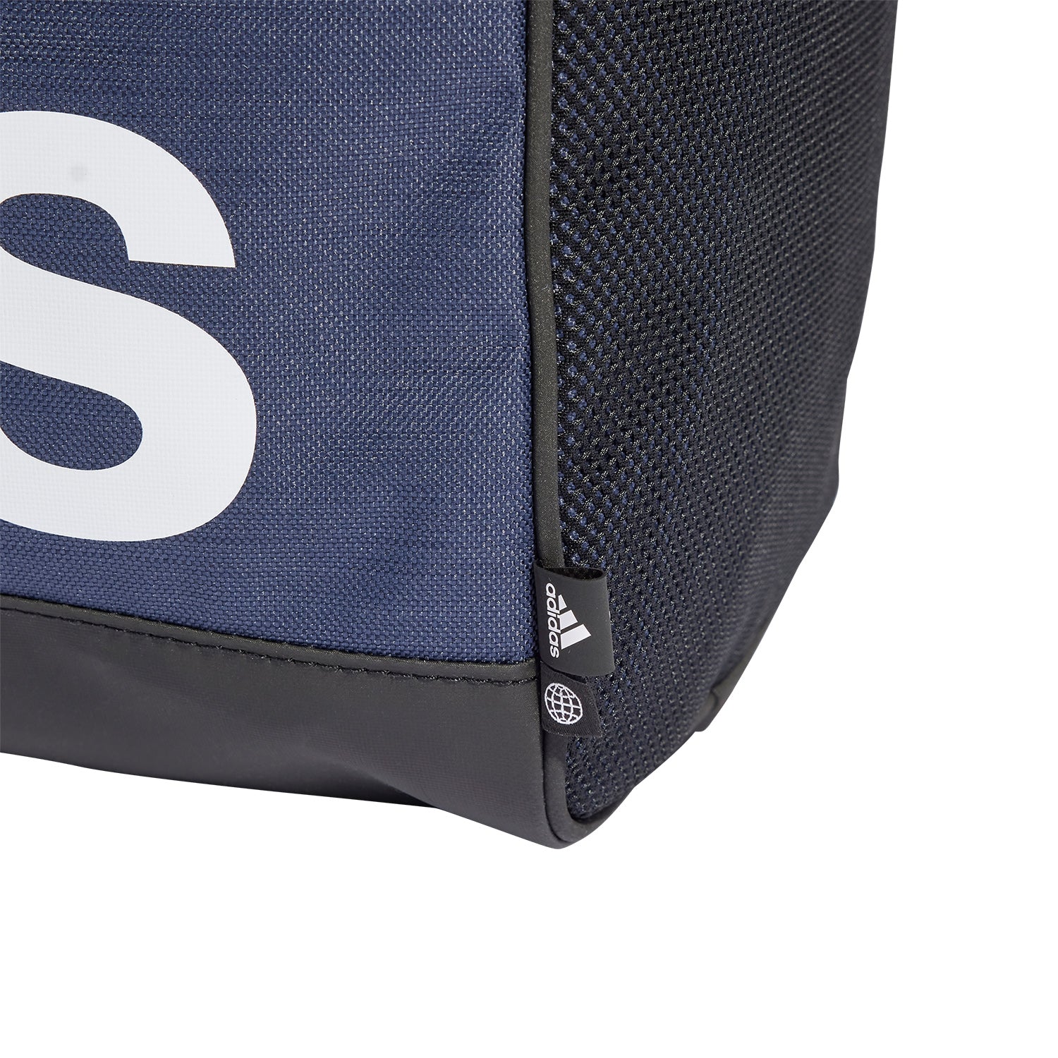 Borsone medio Adidas Duffel HR5349 blu-bianco con zip bidirezionale e base resistente, vista particolare