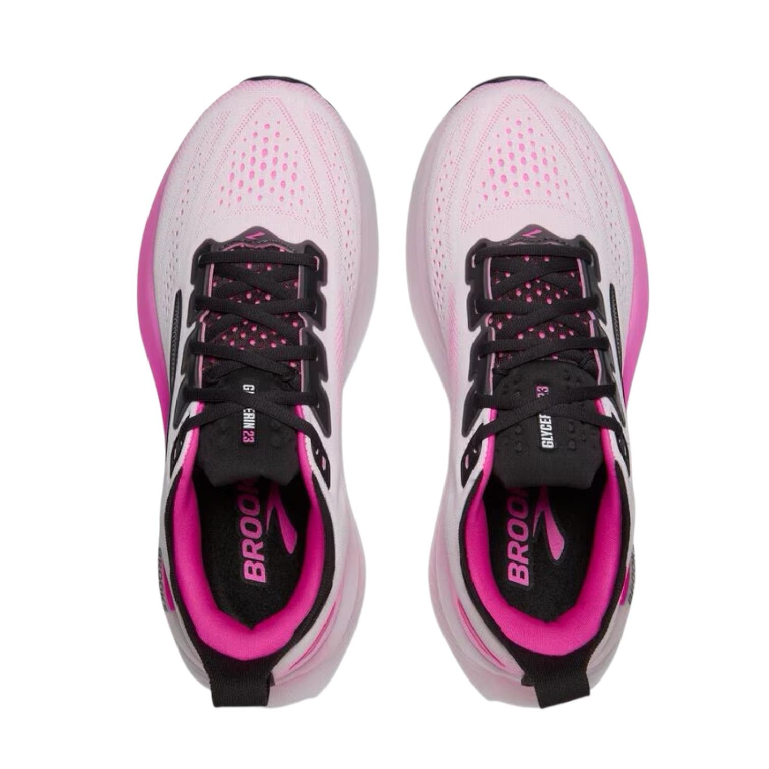 Brooks Glycerin 23 donna con DNA LOFT v3: ammortizzazione morbida calibrata, drop 8mm, peso 269g. Ideale corsa strada, lunga distanza. Supporto equilibrato.