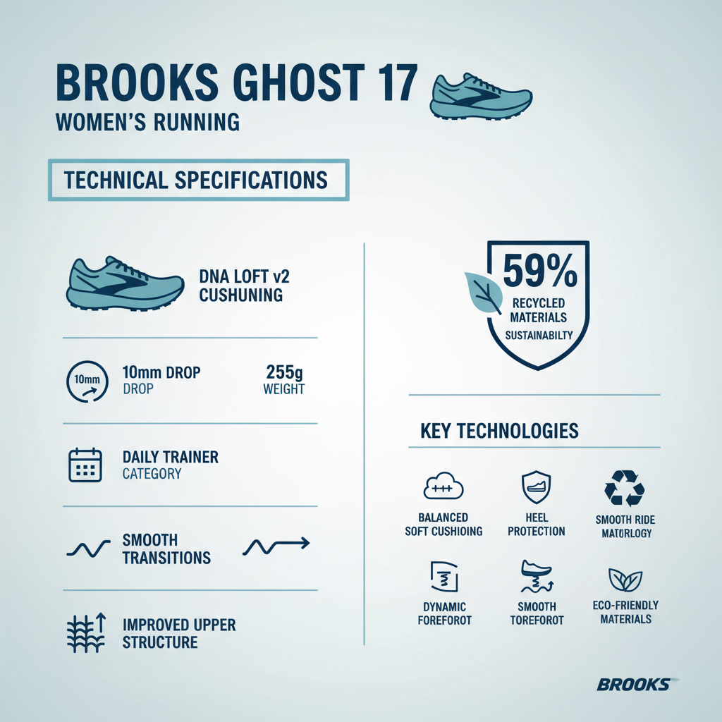Infografica tecnica Brooks Ghost 17 donna - DNA LOFT v2, peso 255g, drop 10mm, 59% riciclata