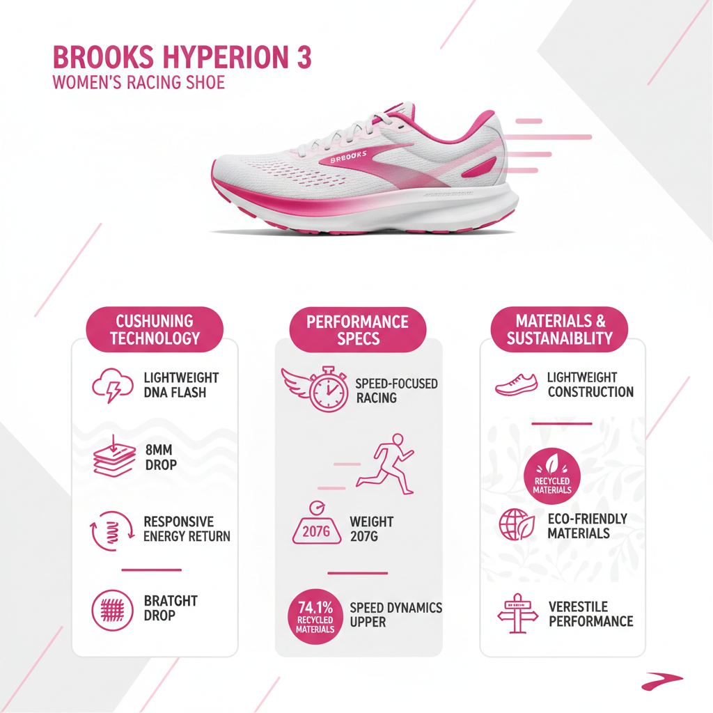 Infografica tecnica Brooks Hyperion 3 donna - DNA FLASH, peso 207g, drop 8mm, 74% riciclata