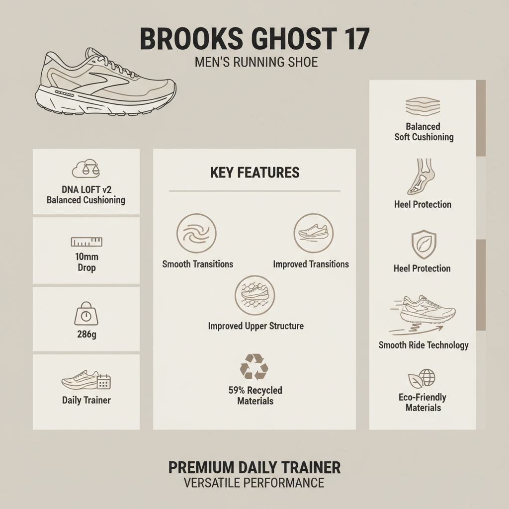 Infografica tecnica Brooks Ghost 17 uomo - DNA LOFT v2, peso 286g, drop 10mm, 59% riciclata