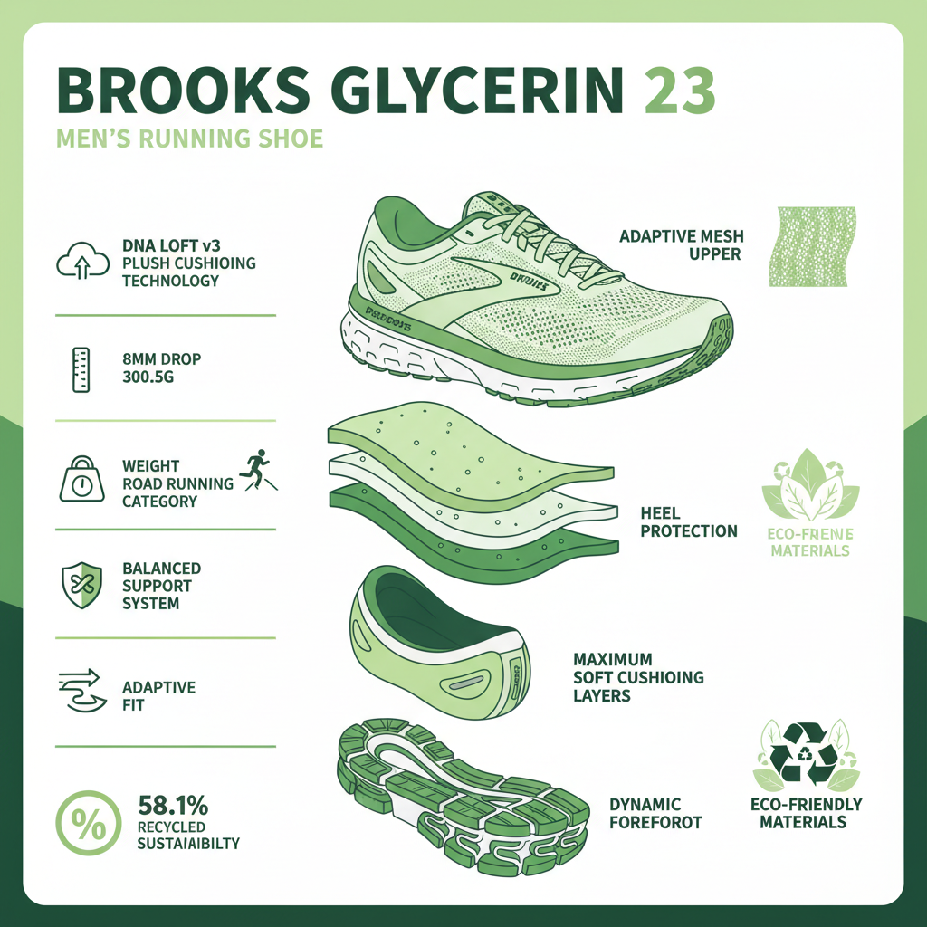 Infografica tecnica Brooks Glycerin 23 uomo - DNA LOFT v3, peso 300g, drop 8mm, 58% riciclata