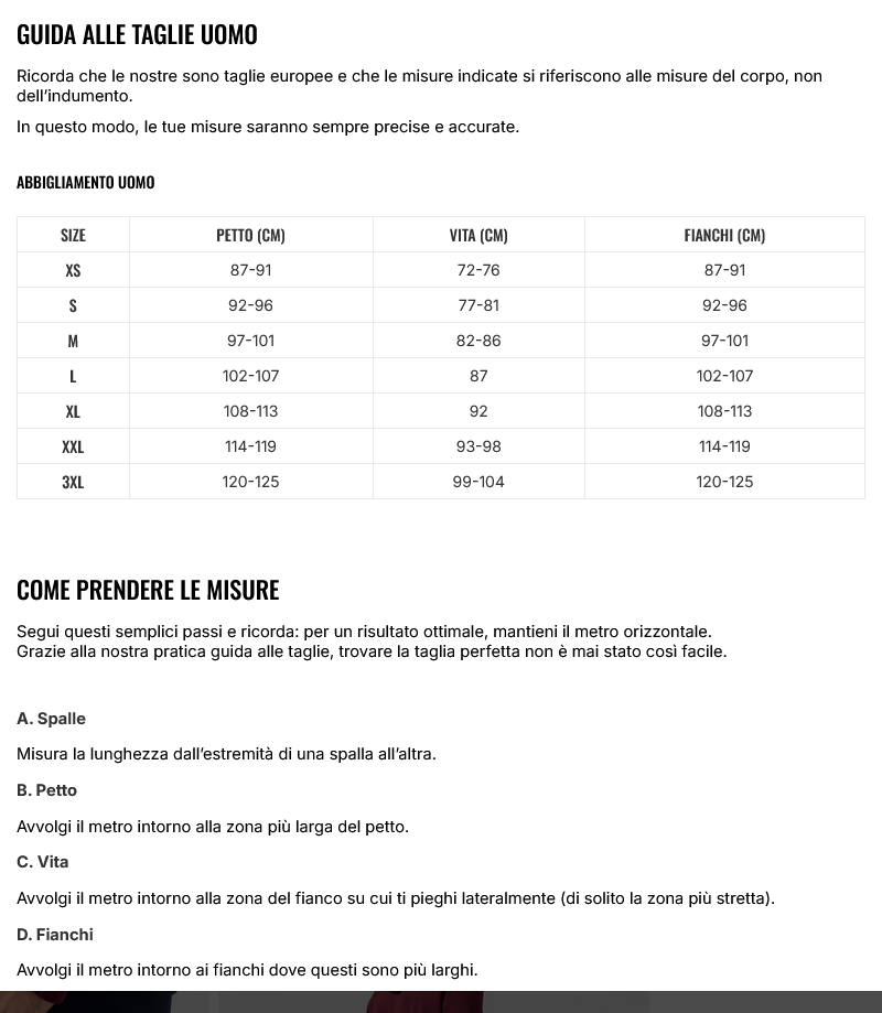 CHAMPION, misurazione taglie uomo