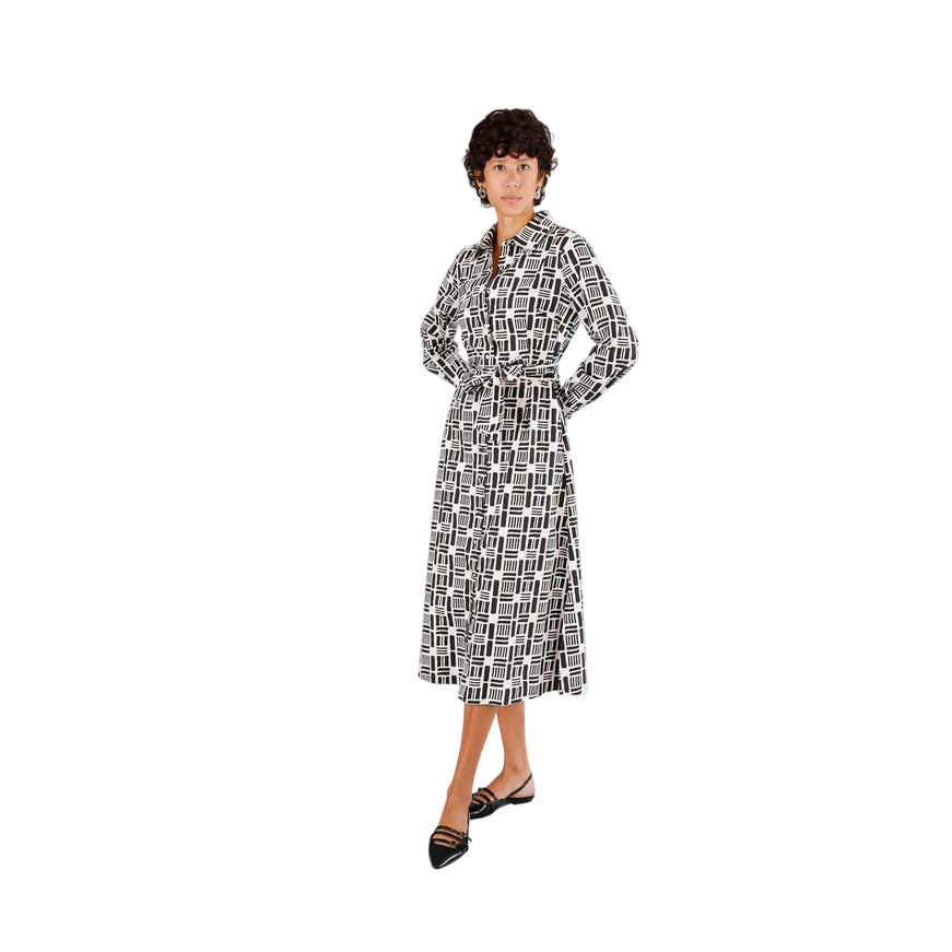 CafèNoir abito chemisier da donna in popeline stampato geometrico C7JA0248 S064 beige-nero