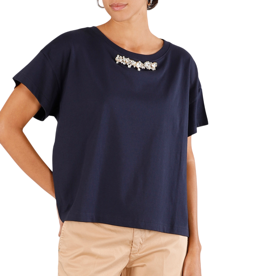 CafèNoir maglietta manica corta da donna con applicazione strass c7JT0234 B020 blu