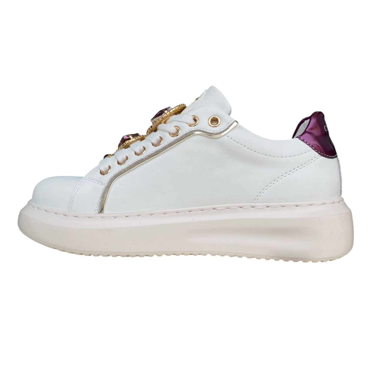 CafèNoir scarpa sneakers da donna con gioiello sui lacci c1DE1032 bianco-bordeaux1