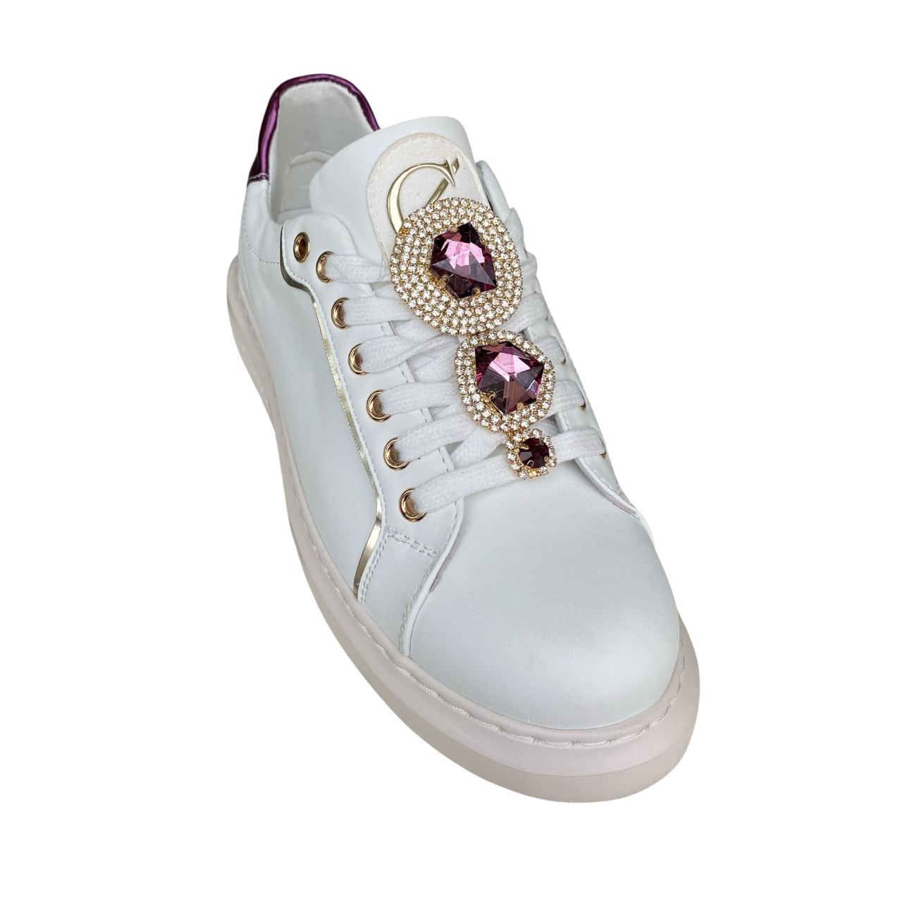 CafèNoir scarpa sneakers da donna con gioiello sui lacci c1DE1032 bianco-bordeaux2