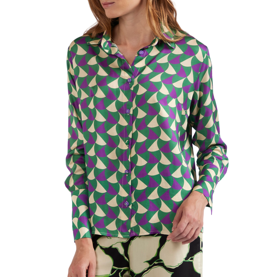 CafèNoir Camicia in satin di viscosa stampata geometrico C7JC0125 S064 verde-viola