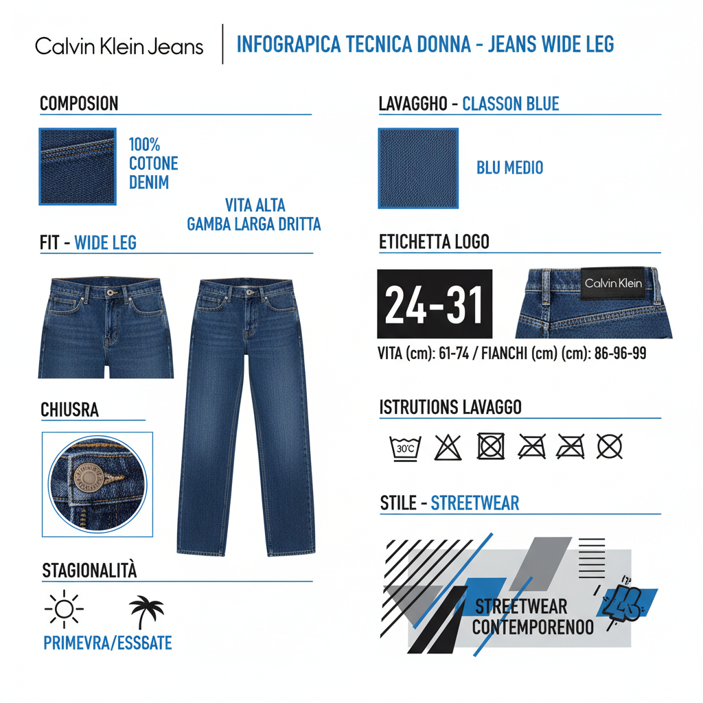 Infografica tecnica Calvin Klein jeans donna Wide Leg: composizione cotone 100%, fit vita alta gamba larga, 5 tasche, chiusura cerniera, logo CK, taglie 24-31, lavaggio classon blue, cura PE26