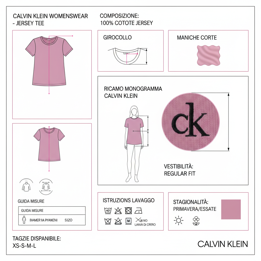Infografica tecnica Calvin Klein t-shirt donna jersey: composizione cotone, girocollo, ricamo monogramma, vestibilità regular, taglie, lavaggio, colore berry glaze PE26