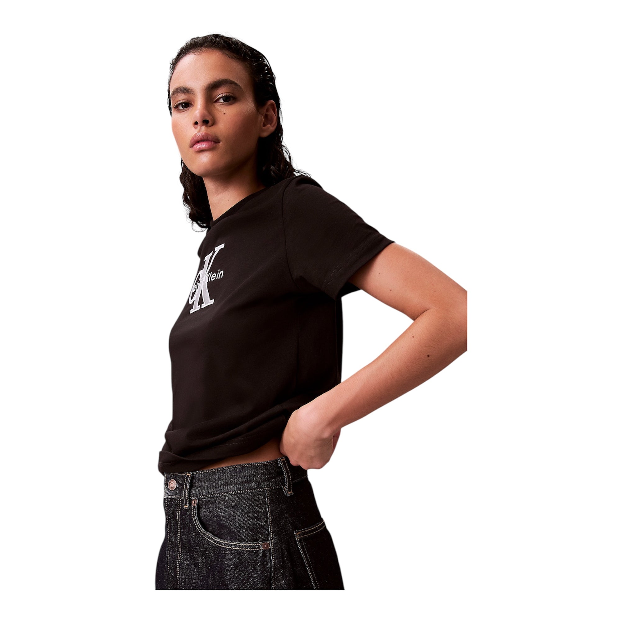 Calvin Klein maglietta manica corta da donna con grafica lucida monologo LV047E819GUB1 nero completo vista laterale