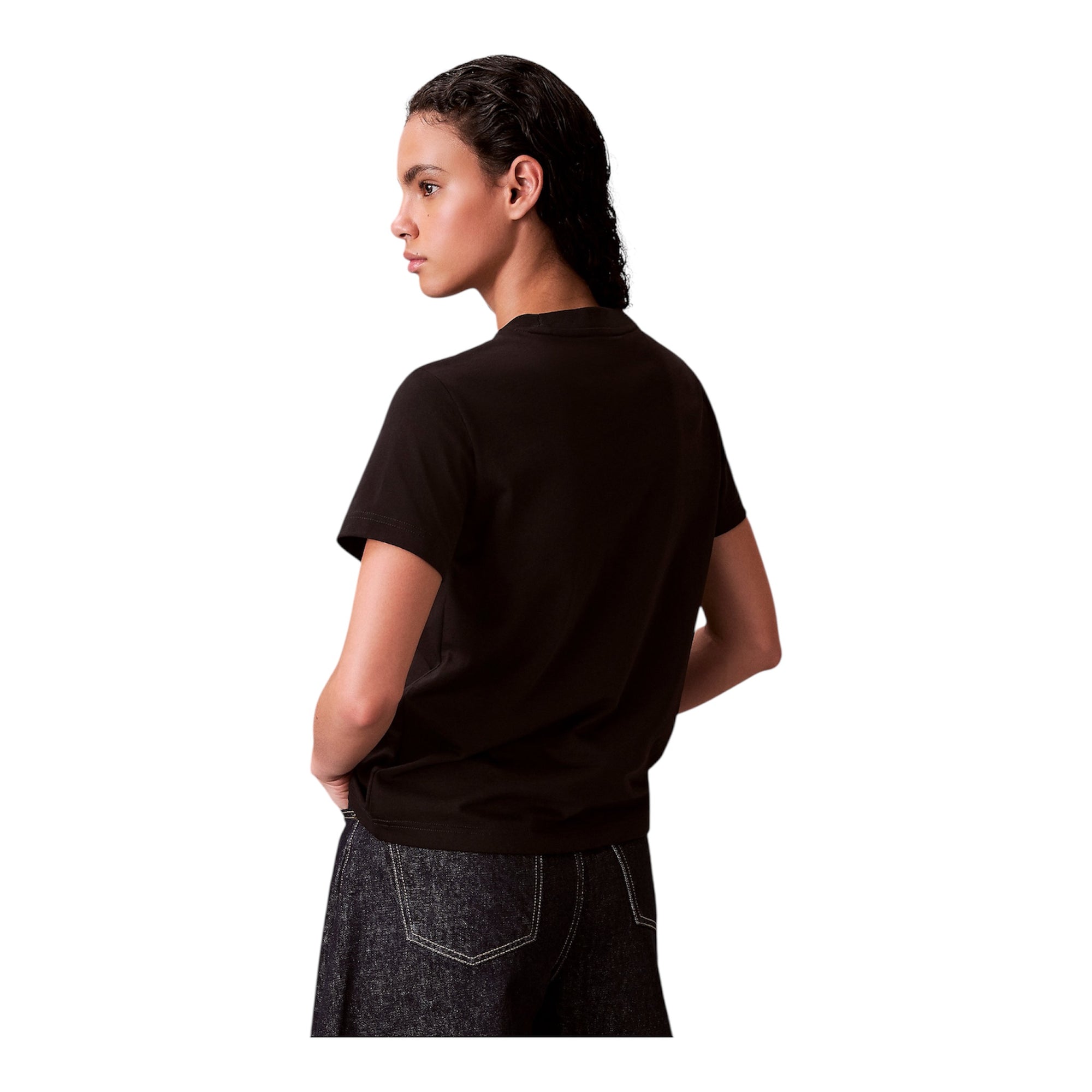 Calvin Klein maglietta manica corta da donna con grafica lucida monologo LV047E819GUB1 nero vista da dietro