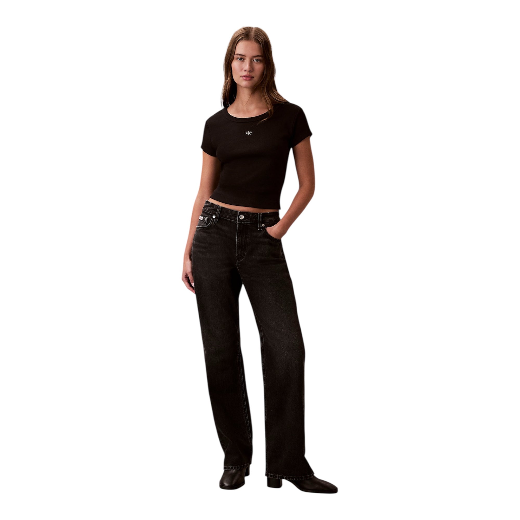 Calvin Klein maglietta manica corta in cotone a costine LV047C200G UB1 nero logo completo