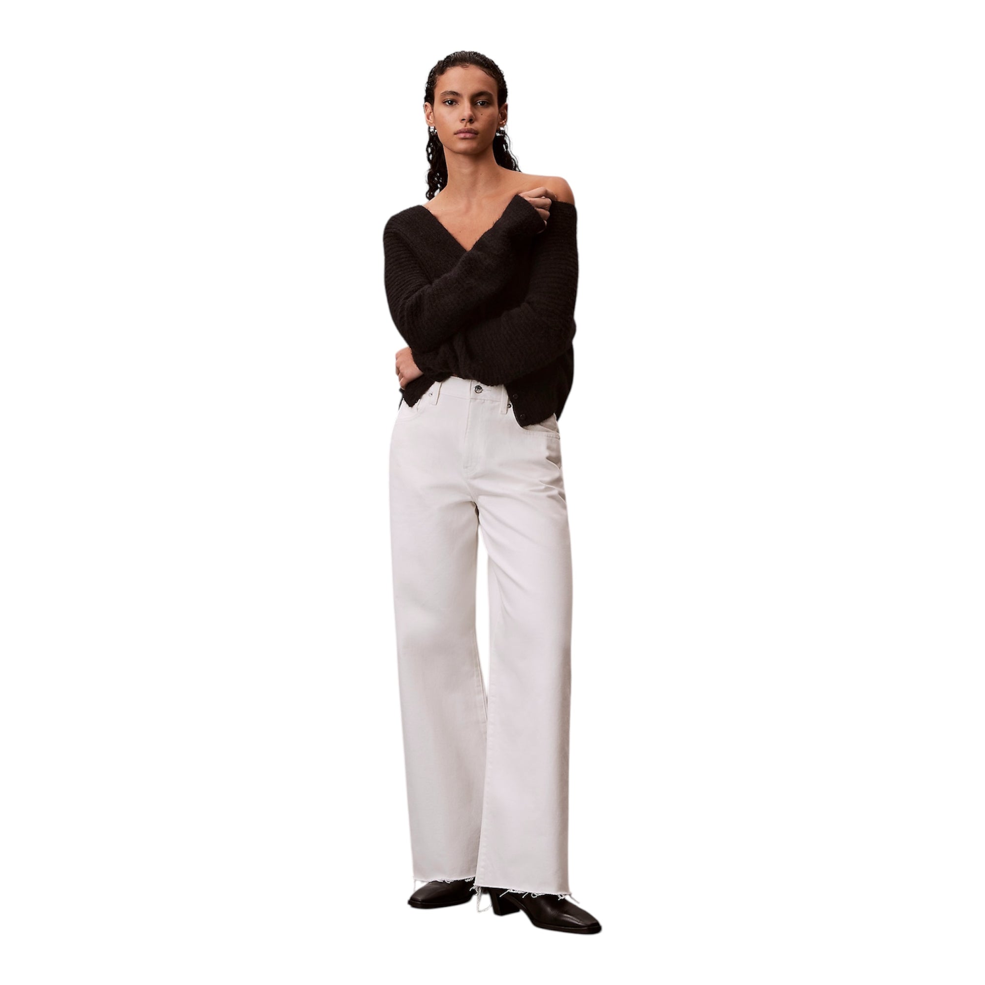 Calvin Klein pantalone donna Jeans Wide Leg Raw Hem Chalk Bianco LV047F733G ASN