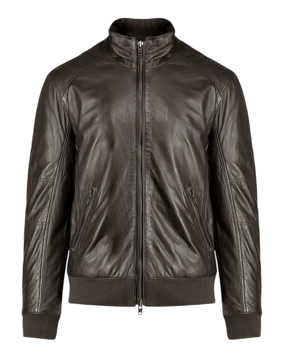 Censured Giacca Uomo in Pelle Marrone JMPHAM SHO3 14 - Bomber in Vera Pelle con Collo Alto avanti