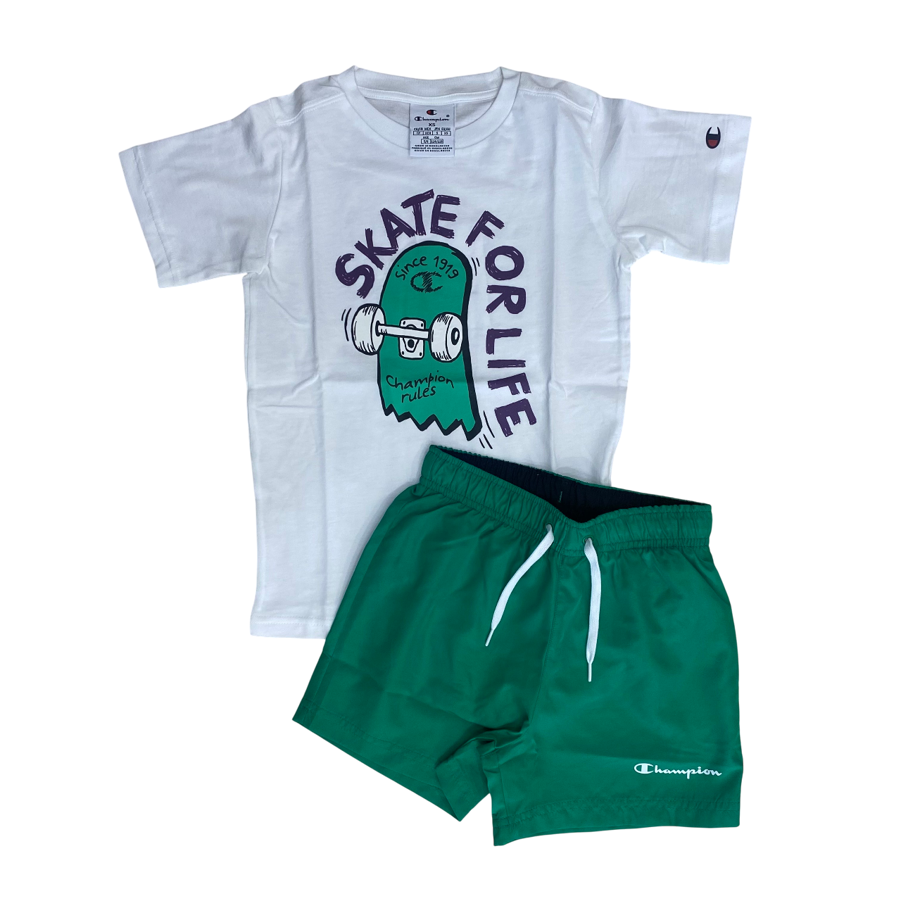 Set skate Champion per ragazzi modello 307063 WW001 bianco e verde, completino junior originale - frontale