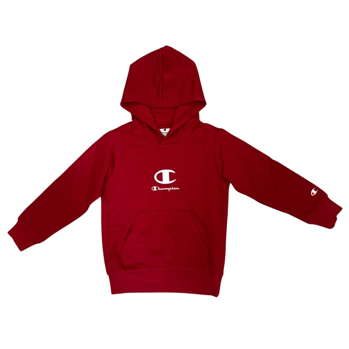 Felpa Champion junior con cappuccio 307395 RS008 rosso vista frontale con logo Champion e tasca marsupio per bambini