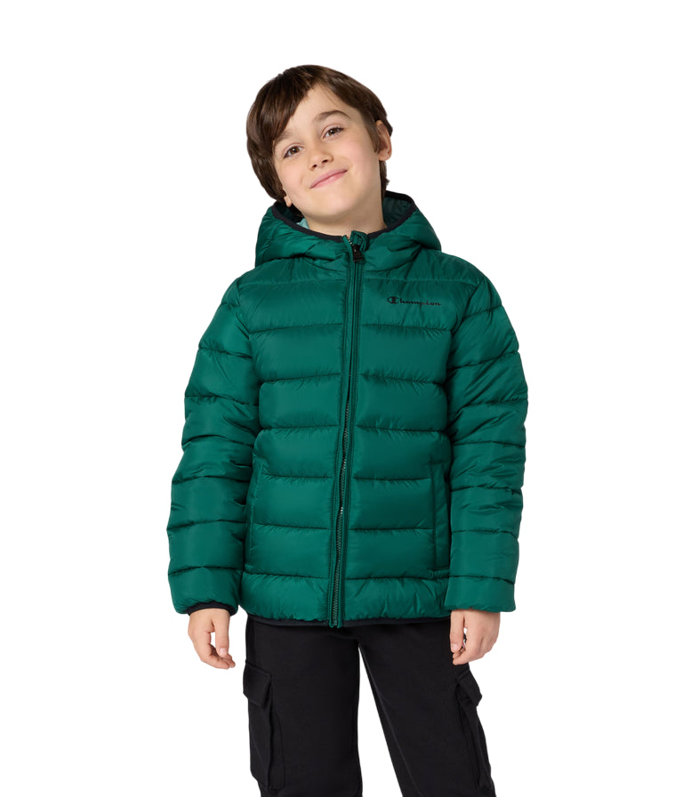 Champion Giacca Bambino Cappuccio 307222 GS584 Verde – imbottita, idrorepellente, comfort, stile - indossato frontale