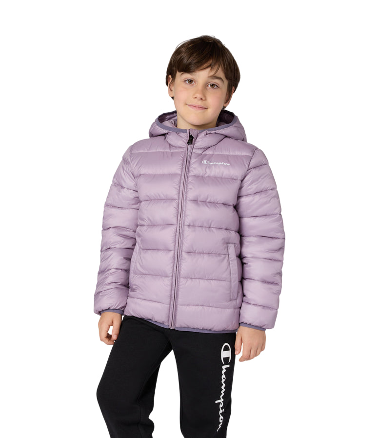 Champion Giacca Bambino Cappuccio 307222 VS100 Malva – imbottita, idrorepellente, comfort, stile - frontale indossato 