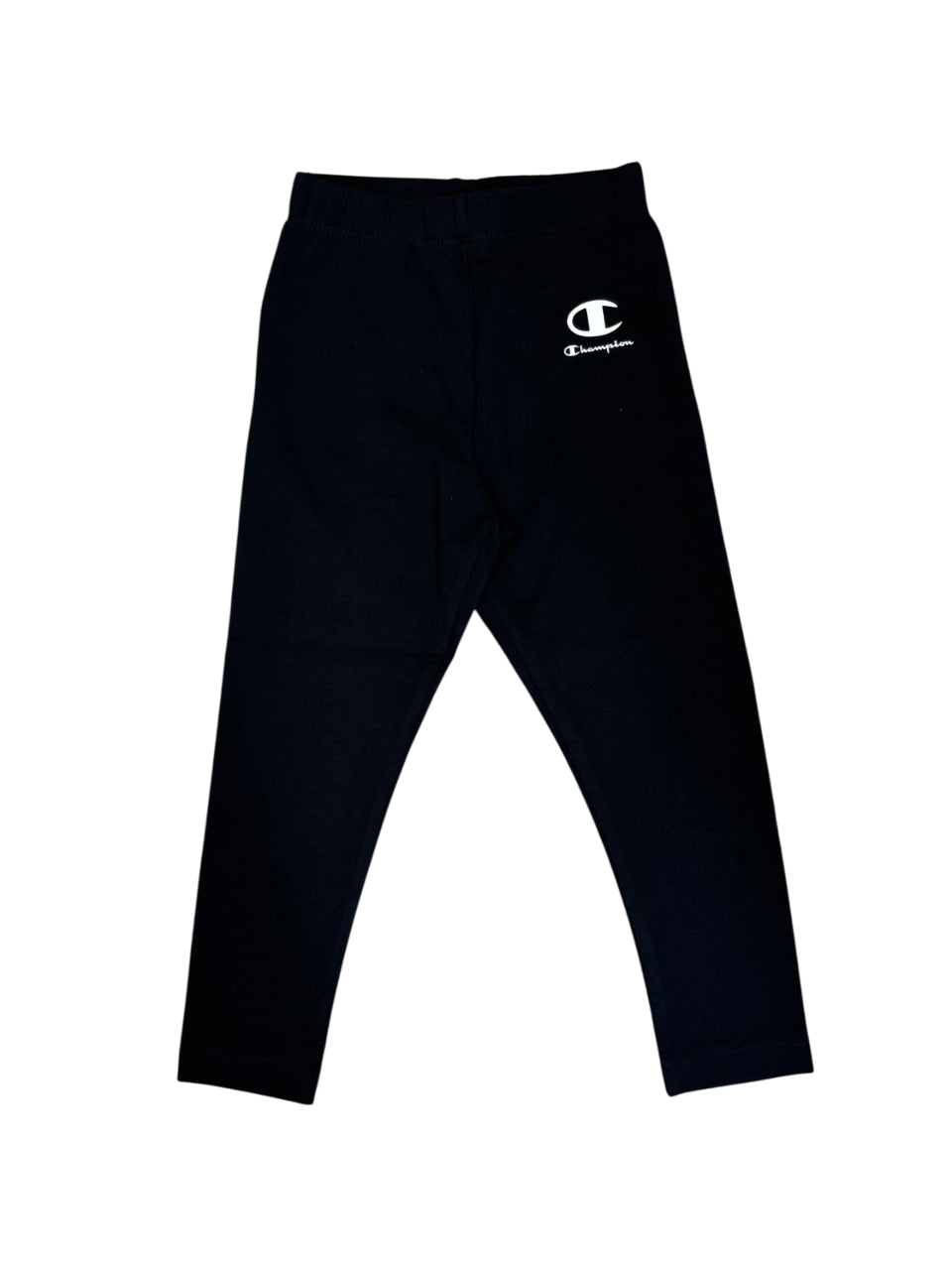 Leggings Champion da ragazza 405283 KK001 nero vista frontale con logo Champion e tessuto elasticizzato per bambine