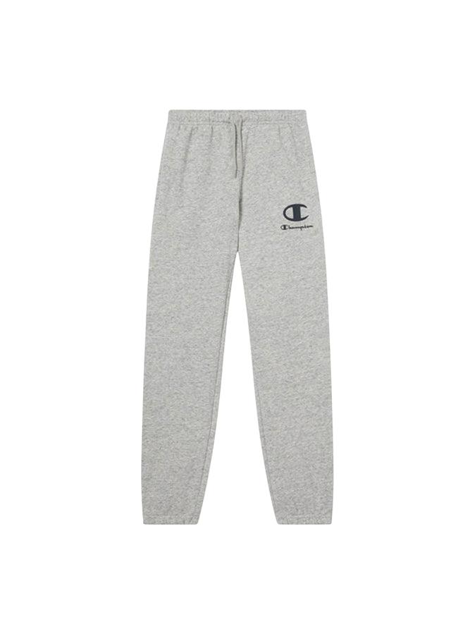 Pantalone Champion junior con elastico 307392 EM021 grigio vista frontale con logo Champion e tasche laterali per bambini