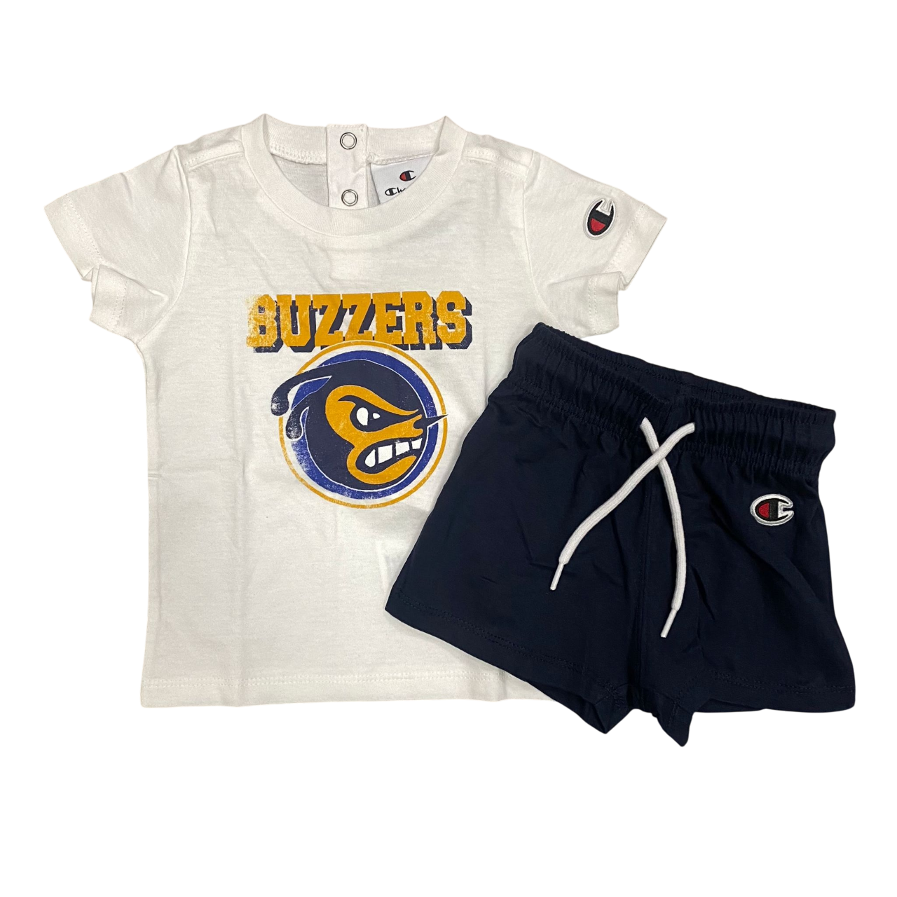 Champion completo sportivo da bambino con maglietta girocollo con stampa e pantaloncino 307013 WW001 bianco-blu