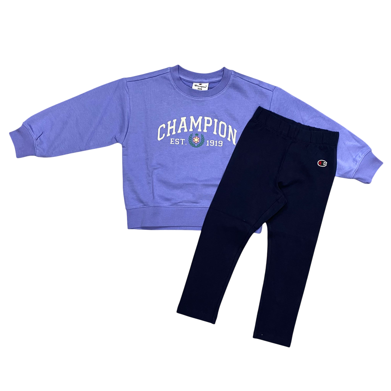 Champion tuta sportiva da bambina con felpa girocollo e leggings 405120 VS097 violetto-blu