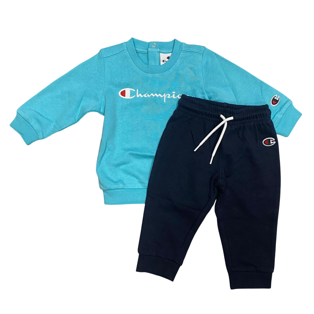Champion tuta sportiva da bambino con felpa girocollo con ricamo 307054 BS184 celeste-blu