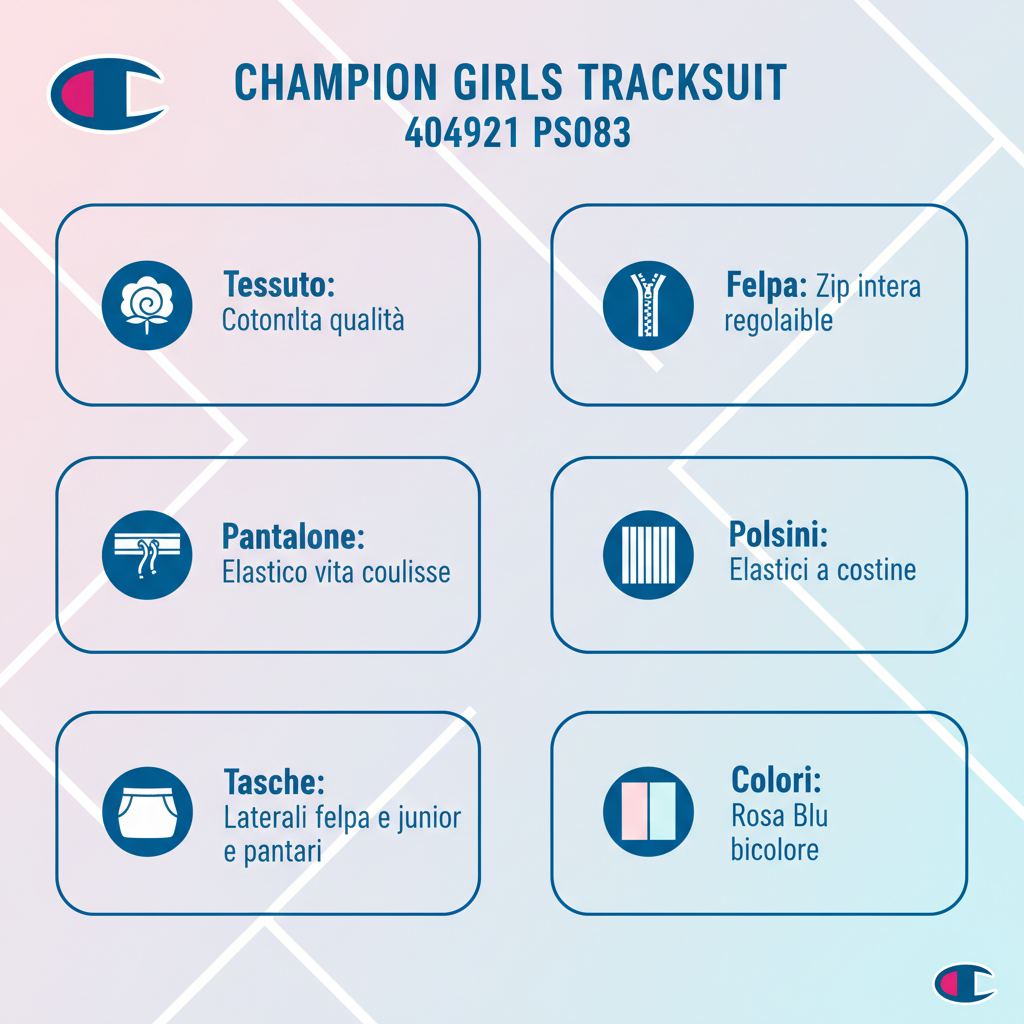 Infografica tecnica Champion Tuta 404921 PS083 - specifiche cotone felpa zip pantalone