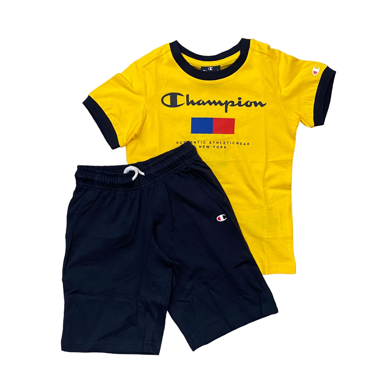 Champion completino da ragazzo in cotone maglietta e pantaloncino 306699 YS011 giallo blu