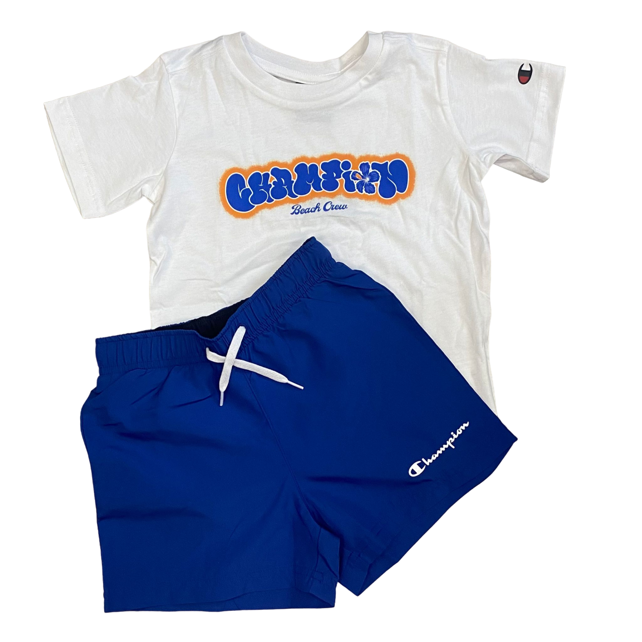 Champion completo da ragazzo maglietta manica corta e pantaloncino Boxer mare 306792 WW001 bianco-bluette