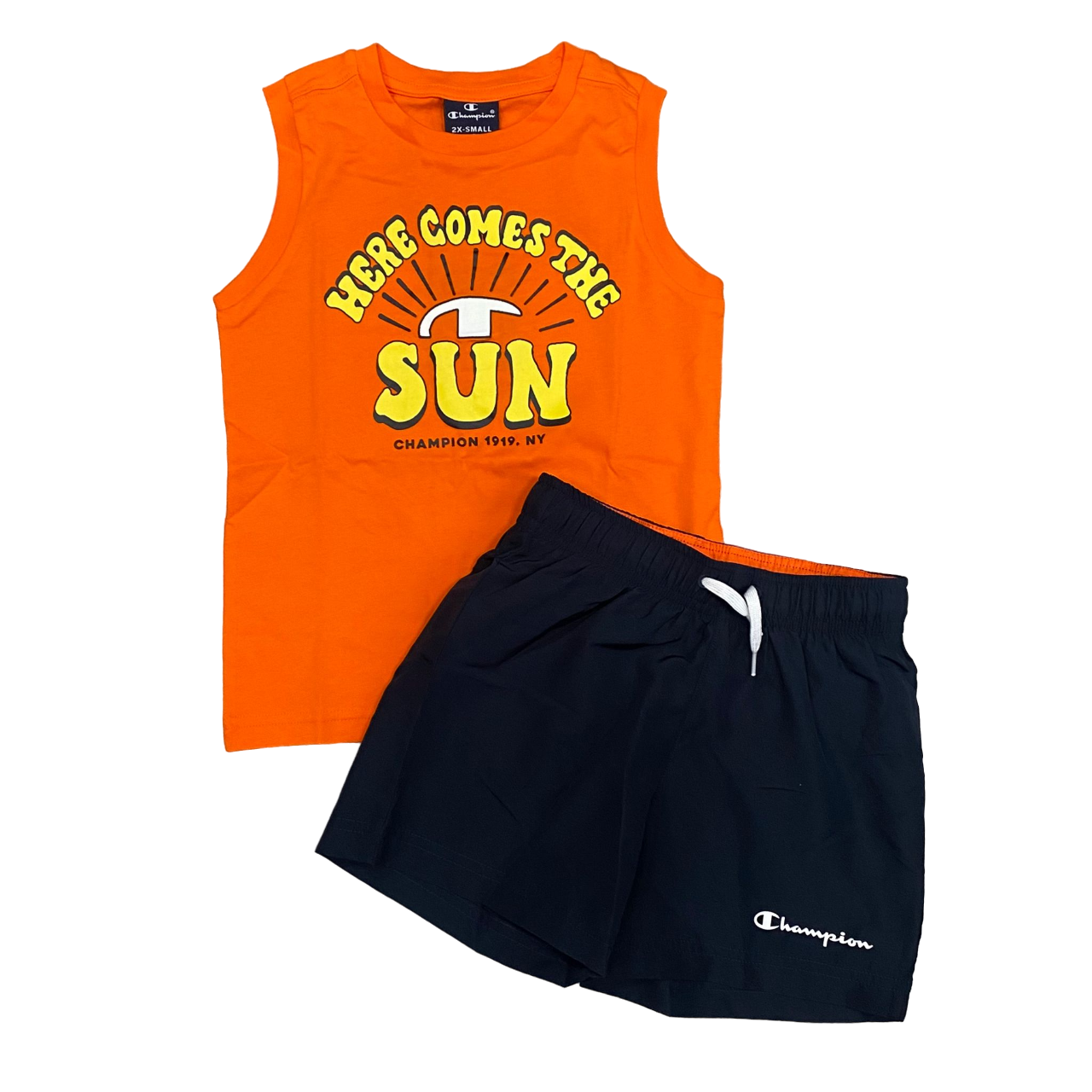 Champion completo da ragazzo maglietta smanicata e pantaloncino Boxer mare 306794 OS005 arancio-blu